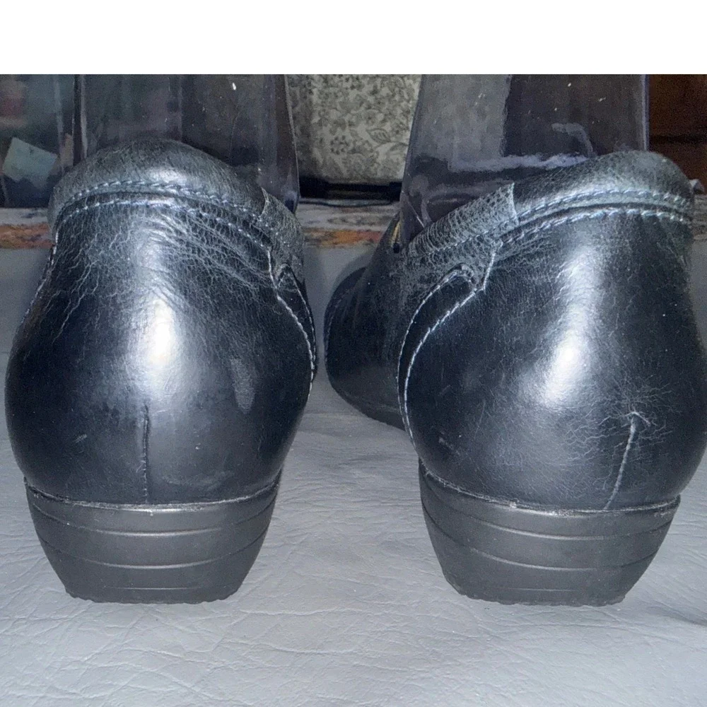 Dansko Black Leather Pleated Slip On Loafers‎ Velcro Closure Wedge Shoes 39